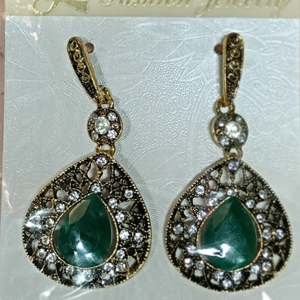 Vintage Green and Gold Teardrop Earrings with Crystal Accents